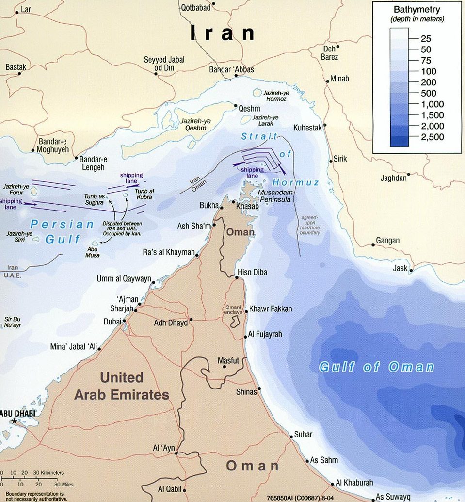 Map of the Strait of Hormuz showing Iran, Oman and the Persian Gulf region