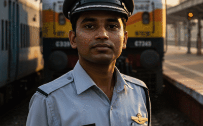 Indian Assistant Loco Pilot trainee in railway uniform at platform with Vande Bharat locomotive at sunrise