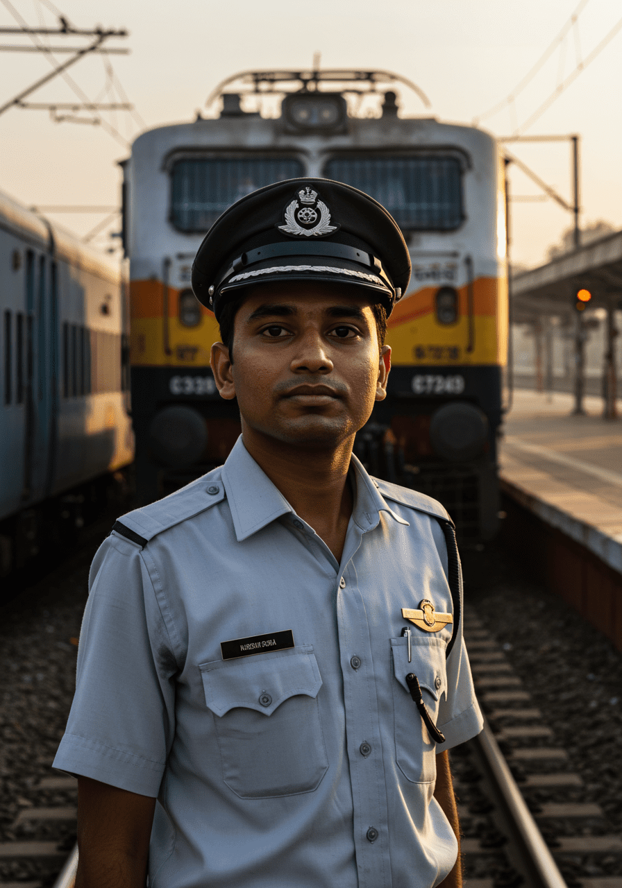 Indian Assistant Loco Pilot trainee in railway uniform at platform with Vande Bharat locomotive at sunrise