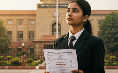 Indian aspirant holding SSC CGL 2026 notification documents at sunrise outside government building