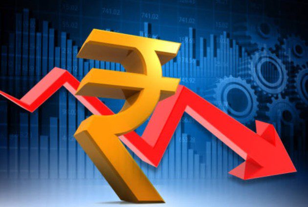 Indian rupee currency notes against US dollar exchange rate concept